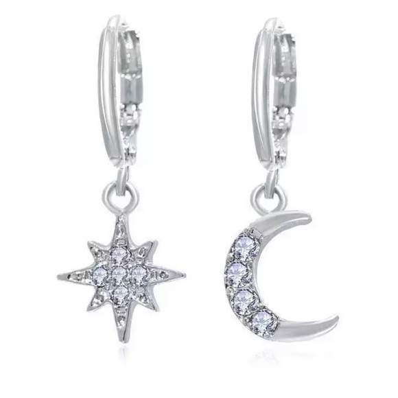 Silver Star Moon Zircon Hoop Earring - Picture 1 of 6